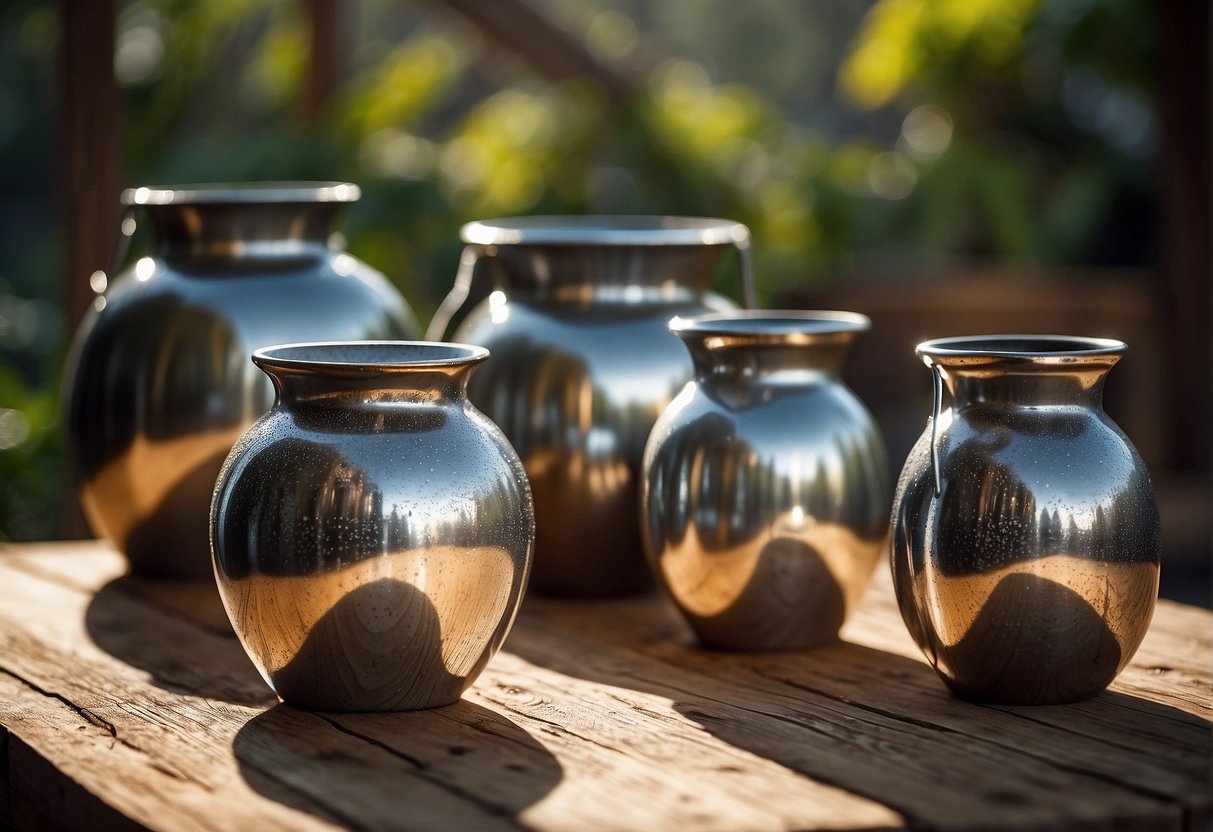 Water pots sit in a row on a rustic wooden table, each one varying in size and shape. The sunlight glistens off the smooth, glazed surfaces, and droplets of water cling to the sides