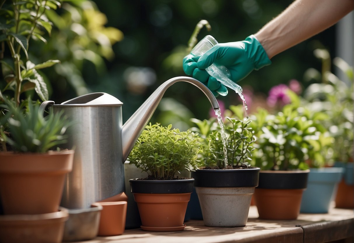 A hand reaches for a watering can, pouring water into a row of potted plants. A pair of gardening gloves sits nearby, ready for use