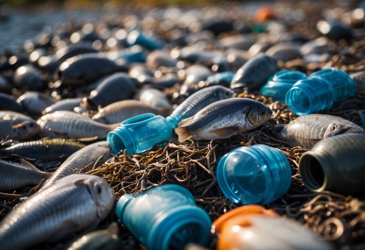 A pile of plastic water pots litter the shore, surrounded by dead fish and wildlife