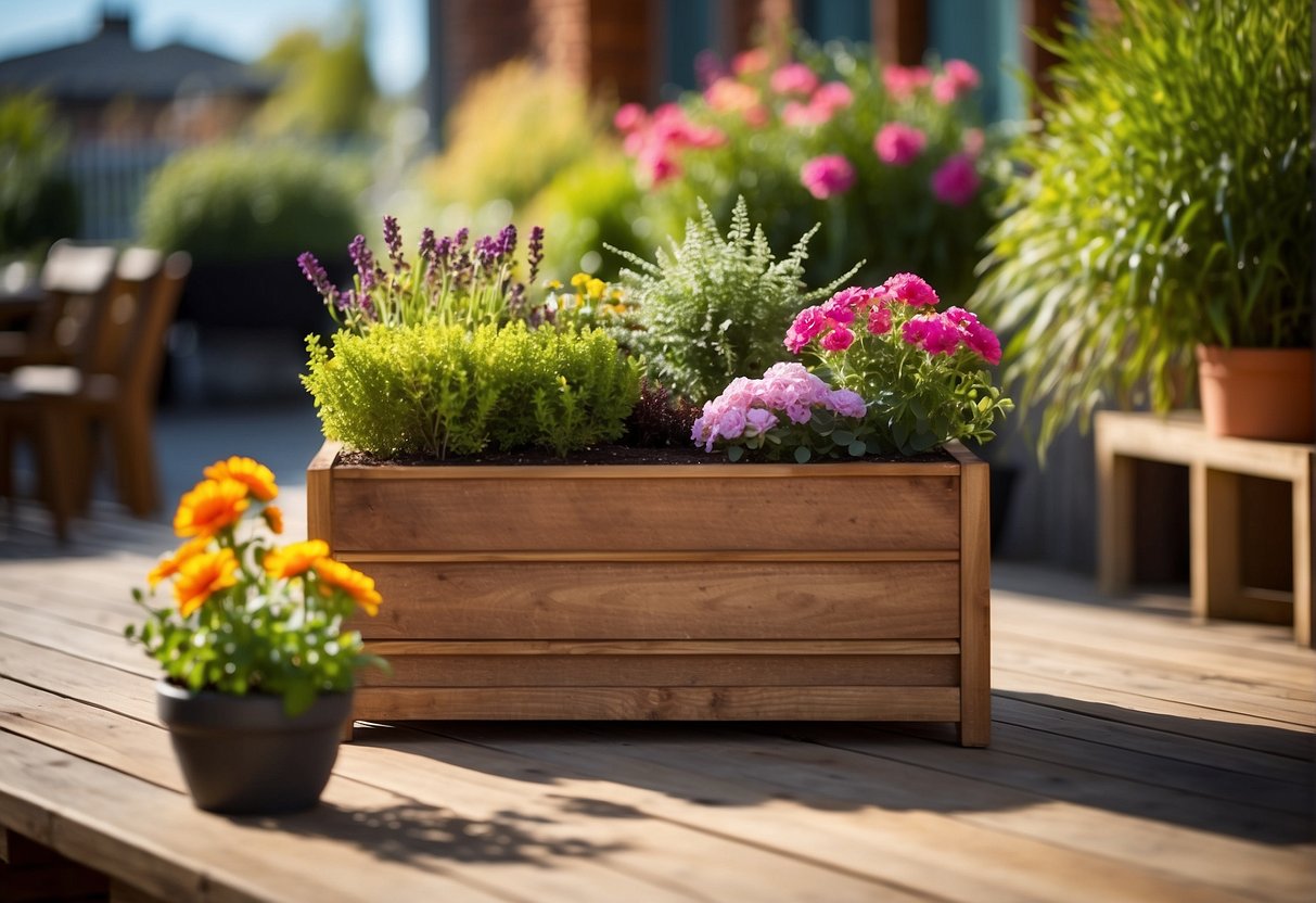 A wooden planter sits on a sunlit patio, filled with vibrant green plants and colorful flowers, adding a touch of natural beauty to the outdoor space