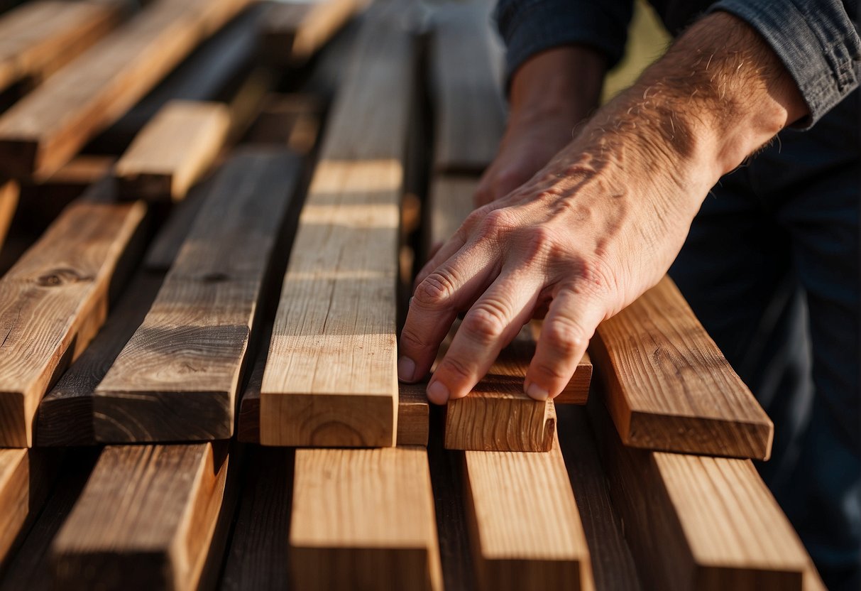 A hand reaches for a variety of wooden planks, examining their texture and color, before selecting the perfect piece for a wooden planter