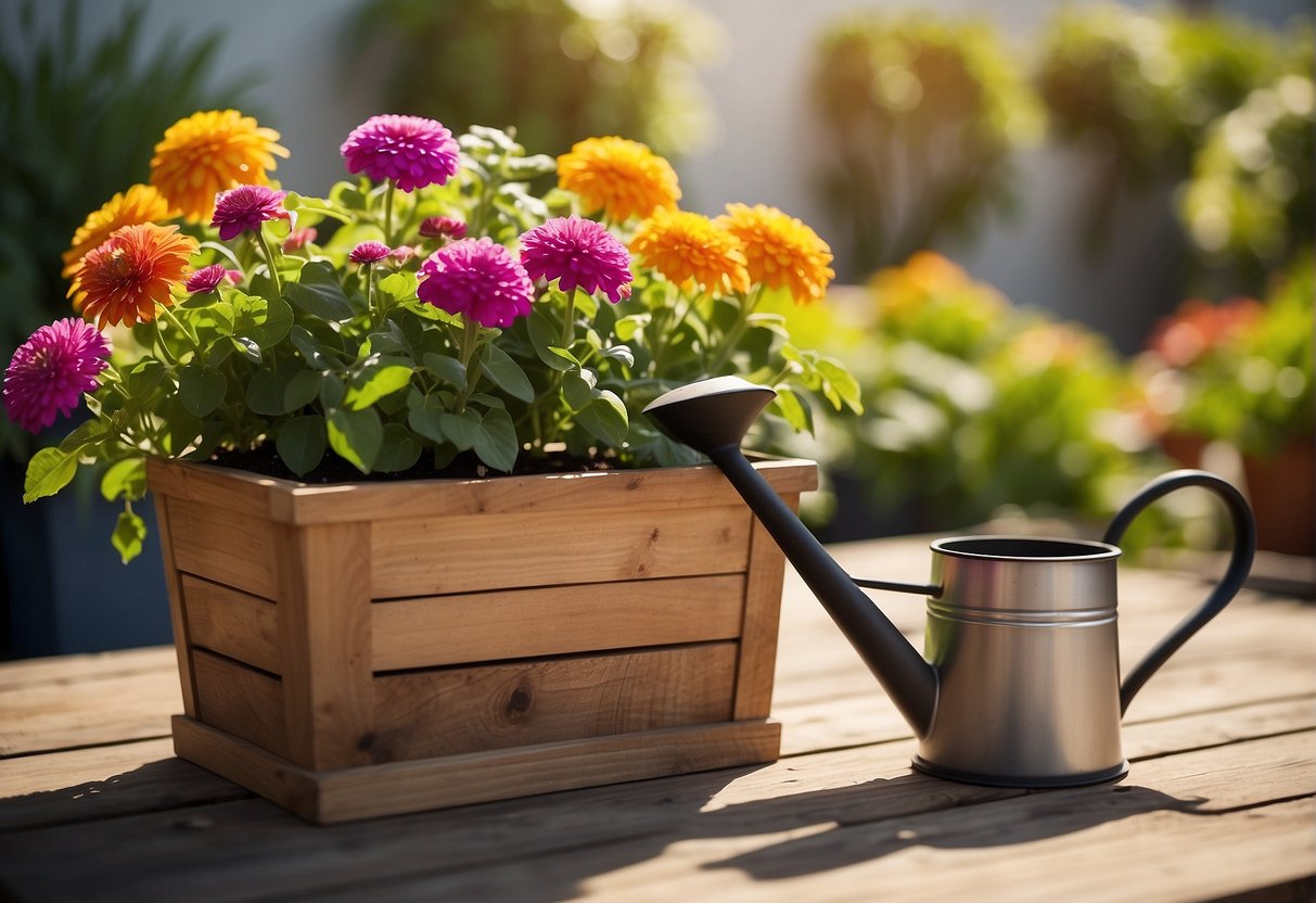 A wooden planter sits on a sunny patio, overflowing with vibrant flowers and greenery. A small garden trowel and watering can rest nearby, hinting at the care and attention given to the plants