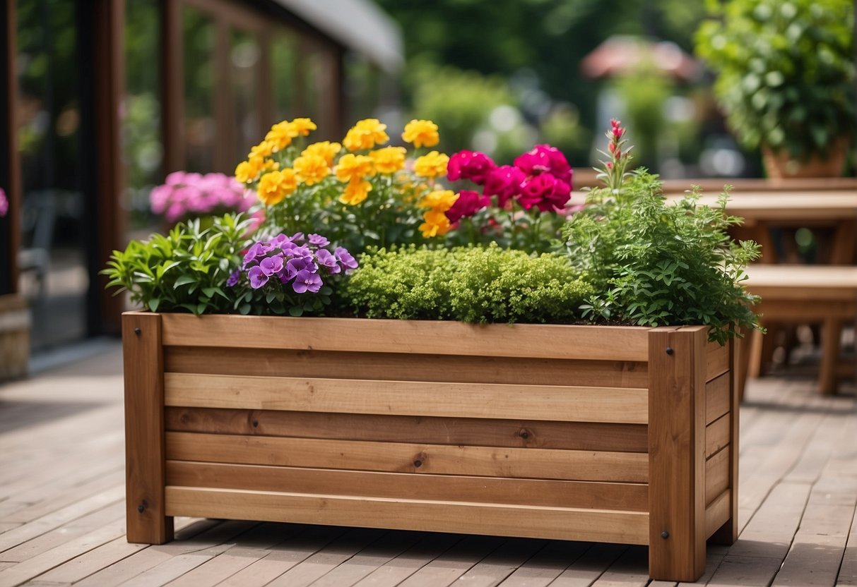 A wooden planter box sits on a patio, filled with vibrant flowers and surrounded by lush greenery