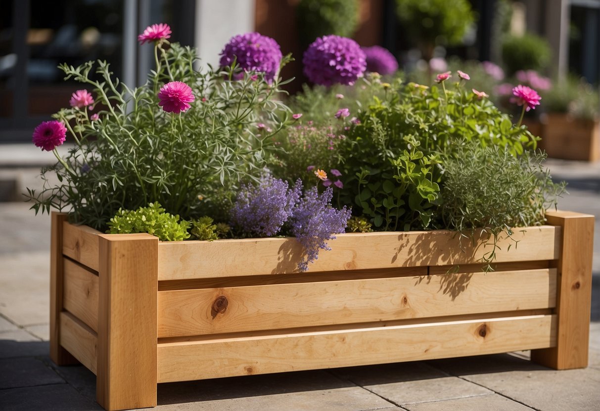 A timber planter box sits on a sunny patio, filled with vibrant flowers and herbs. The box is well-crafted with clean lines and a smooth finish, adding a touch of natural beauty to the outdoor space