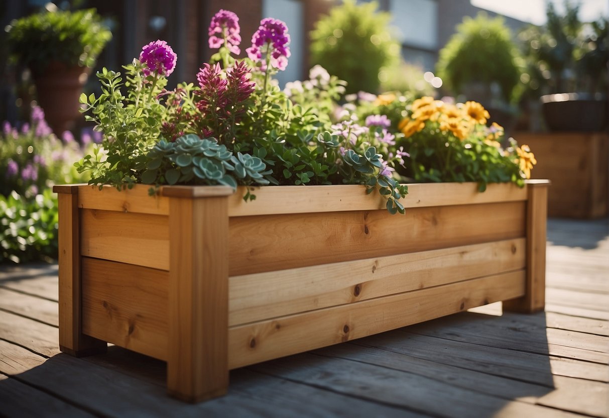 A planter box made of timber sits on a sunny patio, filled with vibrant green plants and blooming flowers