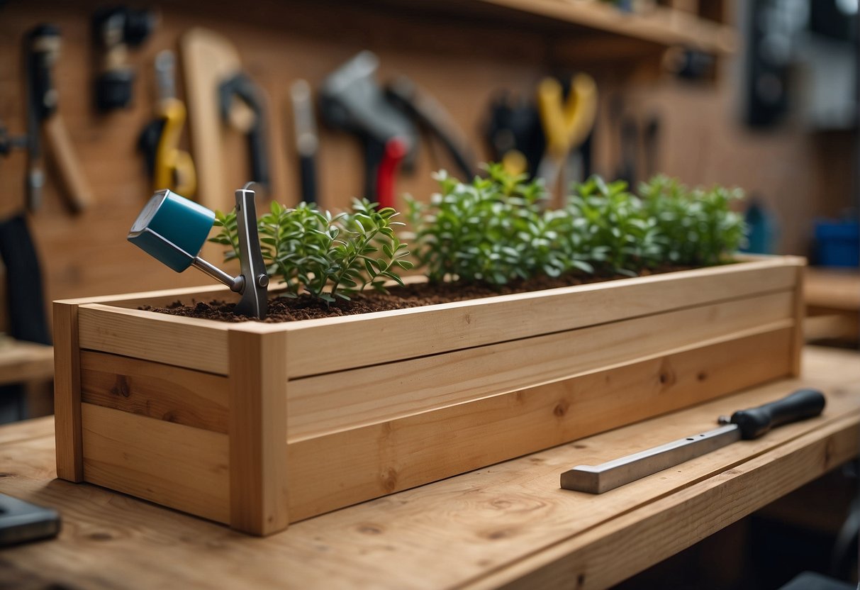 A timber planter box being designed with measurements and tools on a workbench