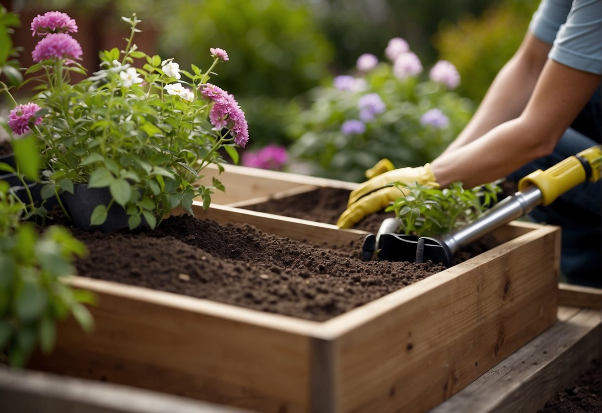 A person fills a planter box with soil and carefully plants seeds, then waters the garden with a hose. The timber planter box is surrounded by gardening tools and pots of flowers