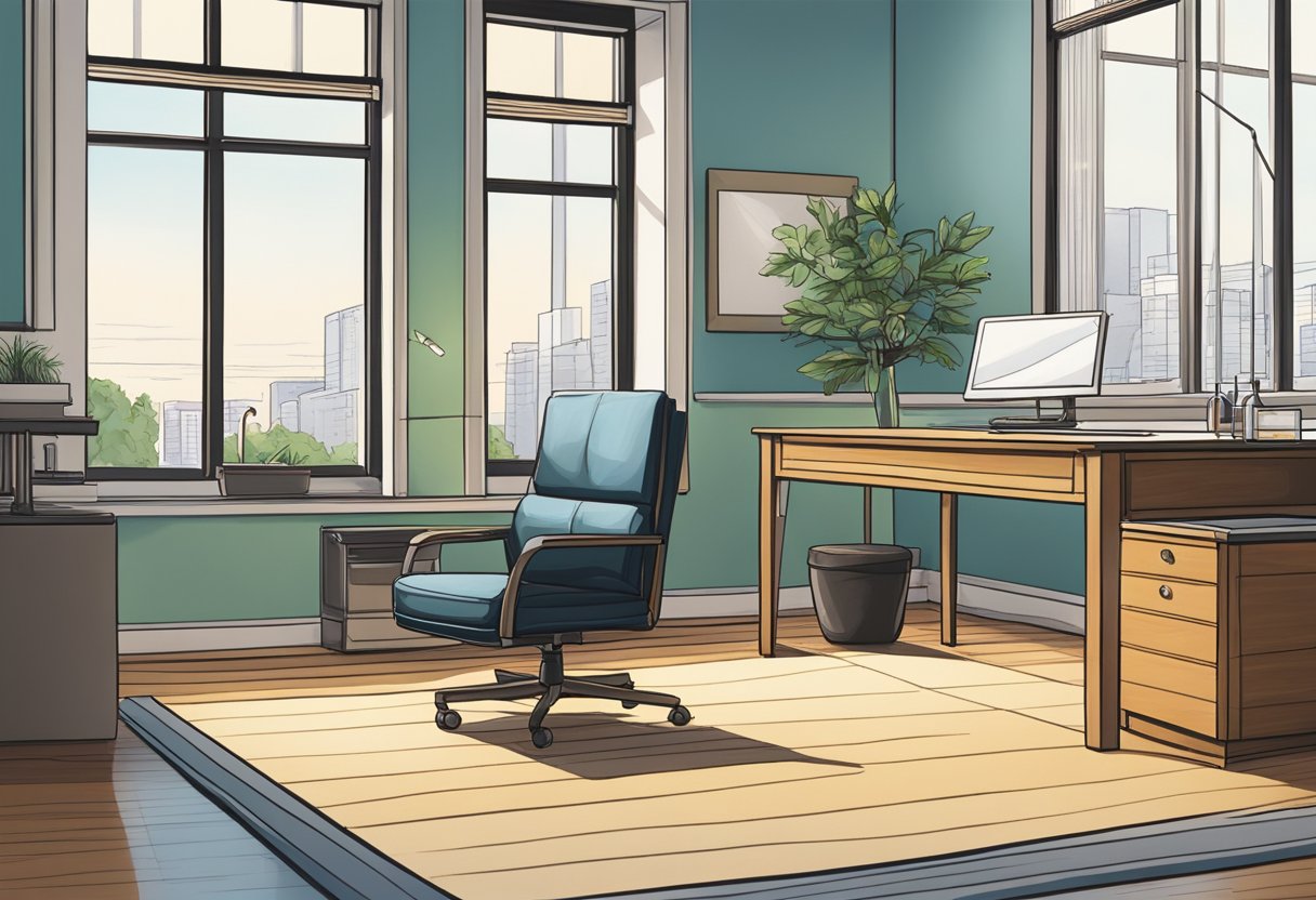 A room with a desk, chair, and windows, showcasing perspective lines converging towards a vanishing point, demonstrating the application of perspective drawing