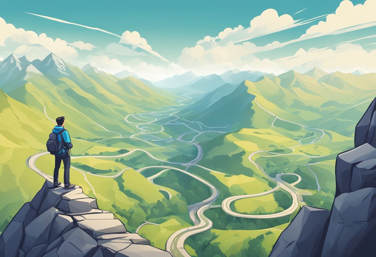 A person standing on a mountain peak, looking out at a vast landscape with winding roads, bridges, and obstacles. They are holding a map and pointing towards a clear path