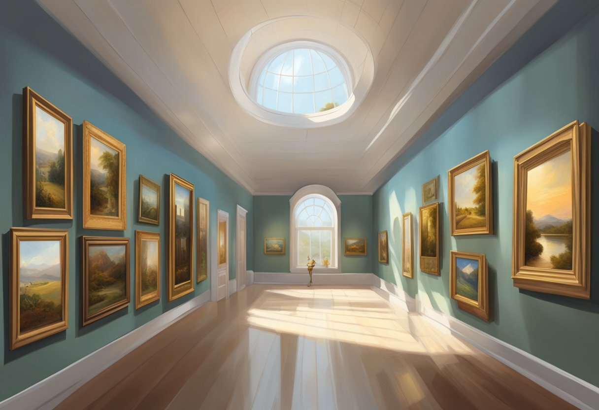 A gallery with famous paintings on the walls, each with a small plaque indicating the artist's name. Light streams in from large windows, casting a warm glow over the room