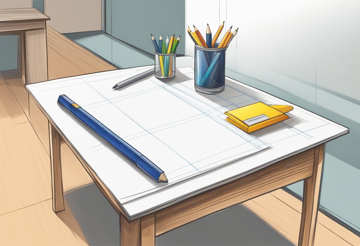 A table with a ruler, pencil, and paper. A vanishing point marked on the paper. A box and cylinder drawn in perspective
