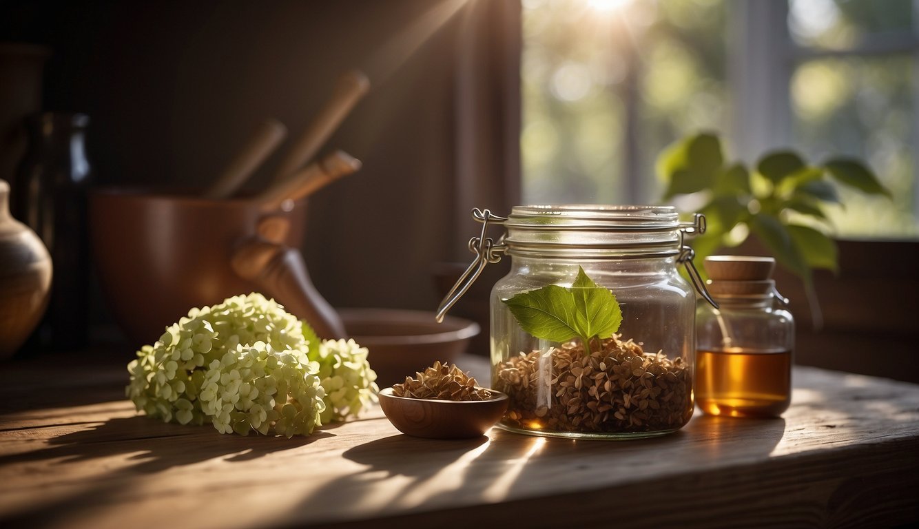 A glass jar filled with hydrangea root tincture sits on a wooden table next to a mortar and pestle. Sunlight filters through a nearby window, casting a warm glow on the scene