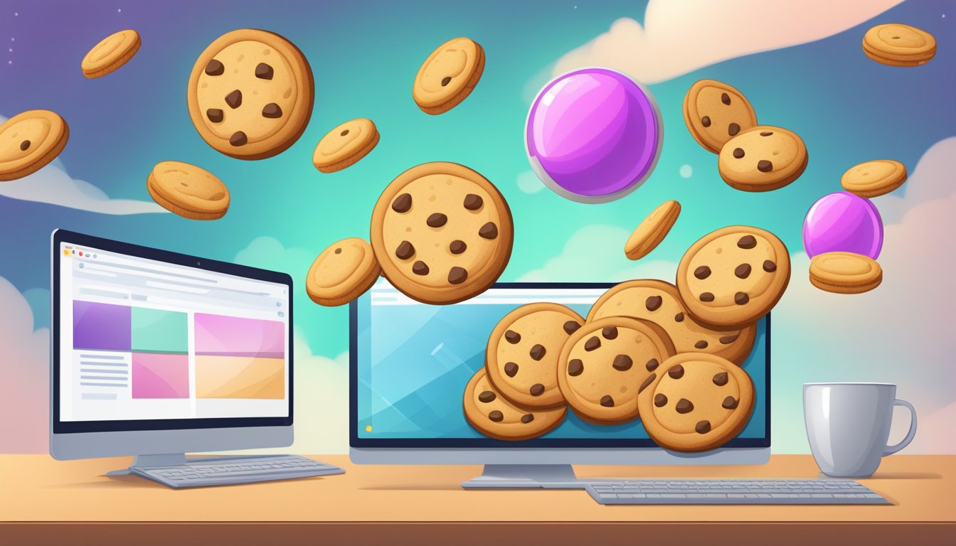 A computer screen displays a variety of cookies, some labeled "good" and others "bad," while a browser window hovers nearby, symbolizing the necessary role of cookies in internet browsing