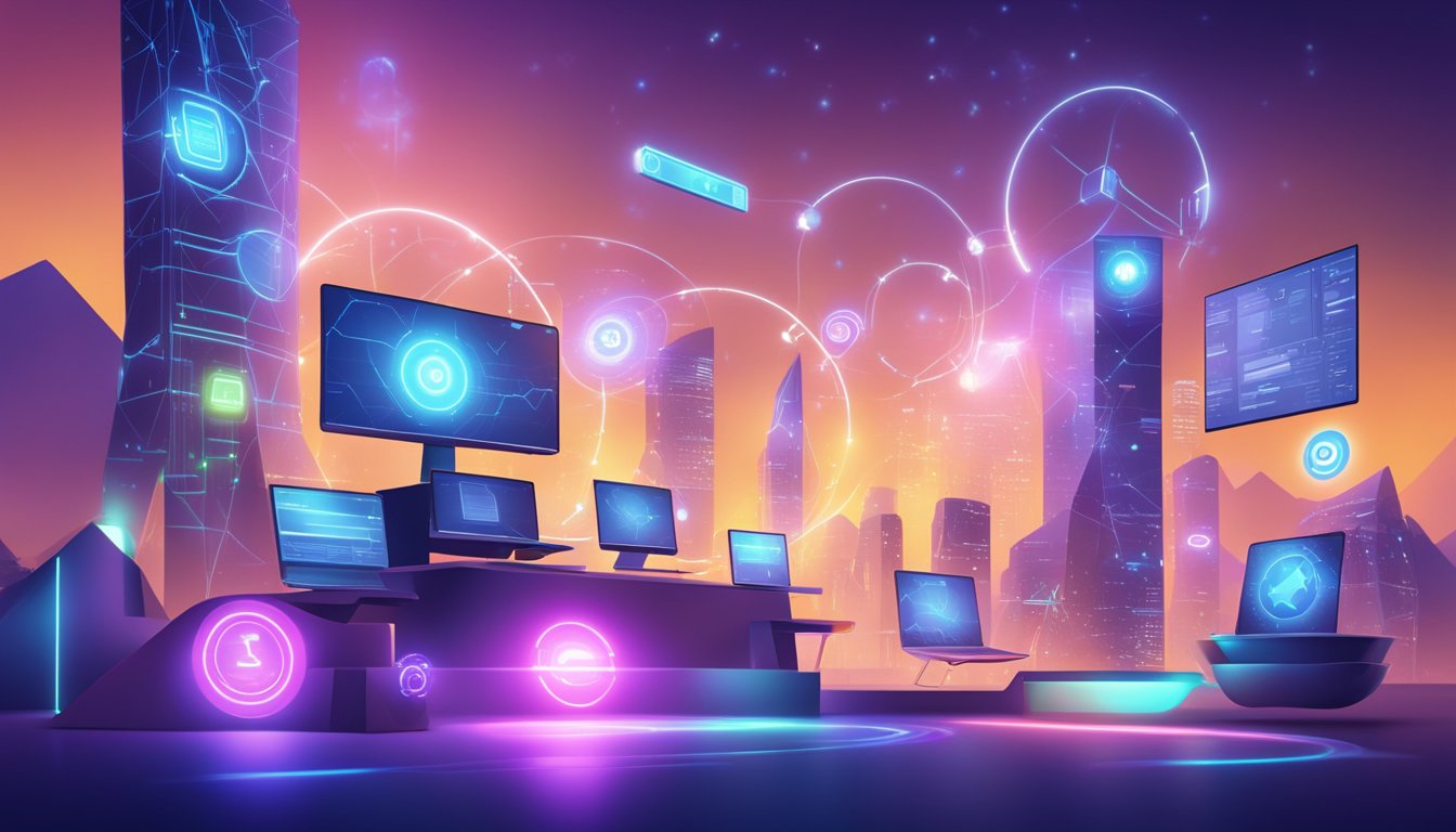 Various futuristic link building tools and software hover in a virtual space, emitting bright lights and advanced technology. The scene depicts a cutting-edge environment for SEO professionals in 2024