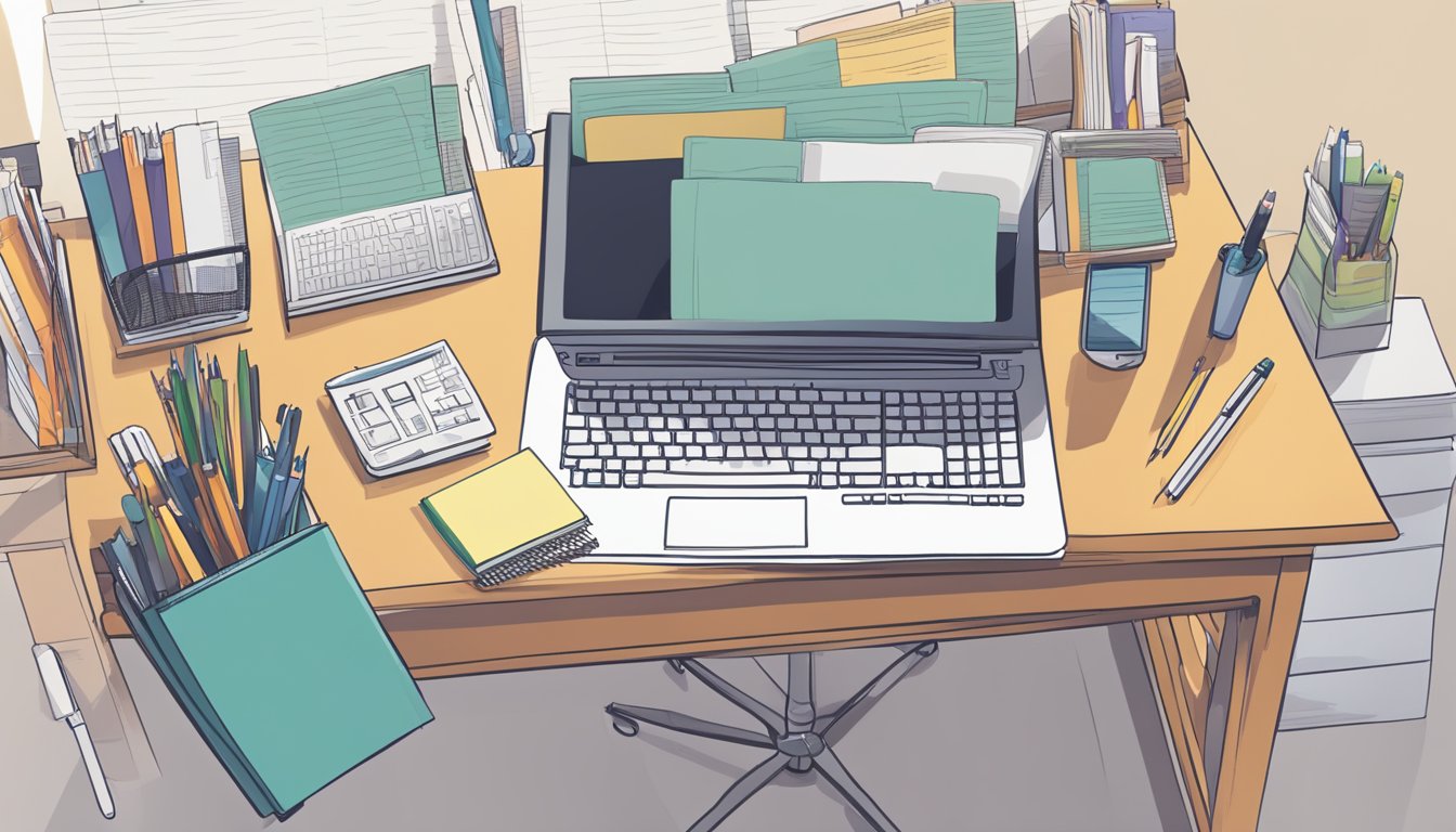 A desk with a computer open to a web browser, with several bookmarks organized neatly in a row at the top of the screen. A notebook and pen sit next to the computer, ready for note-taking