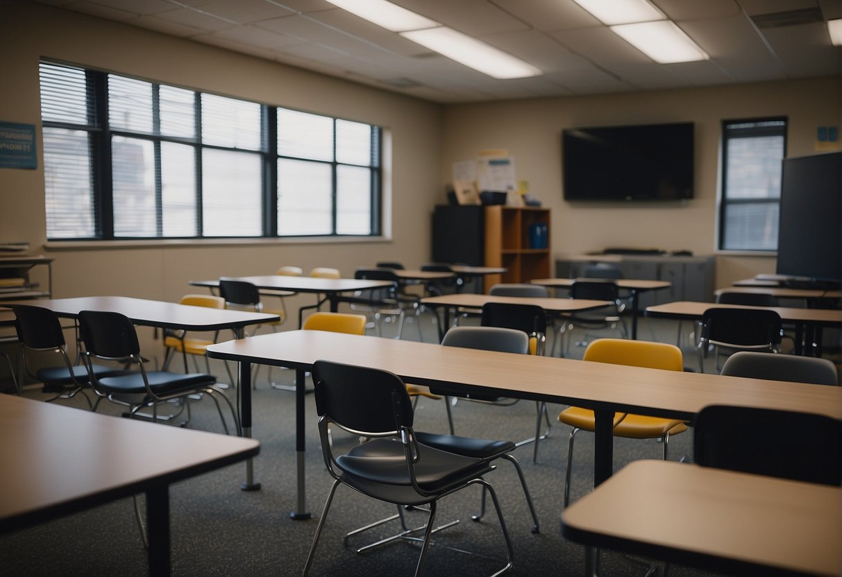 A high school classroom with modern technology and flexible seating arrangements to foster innovation and adaptability to the demands of the workplace