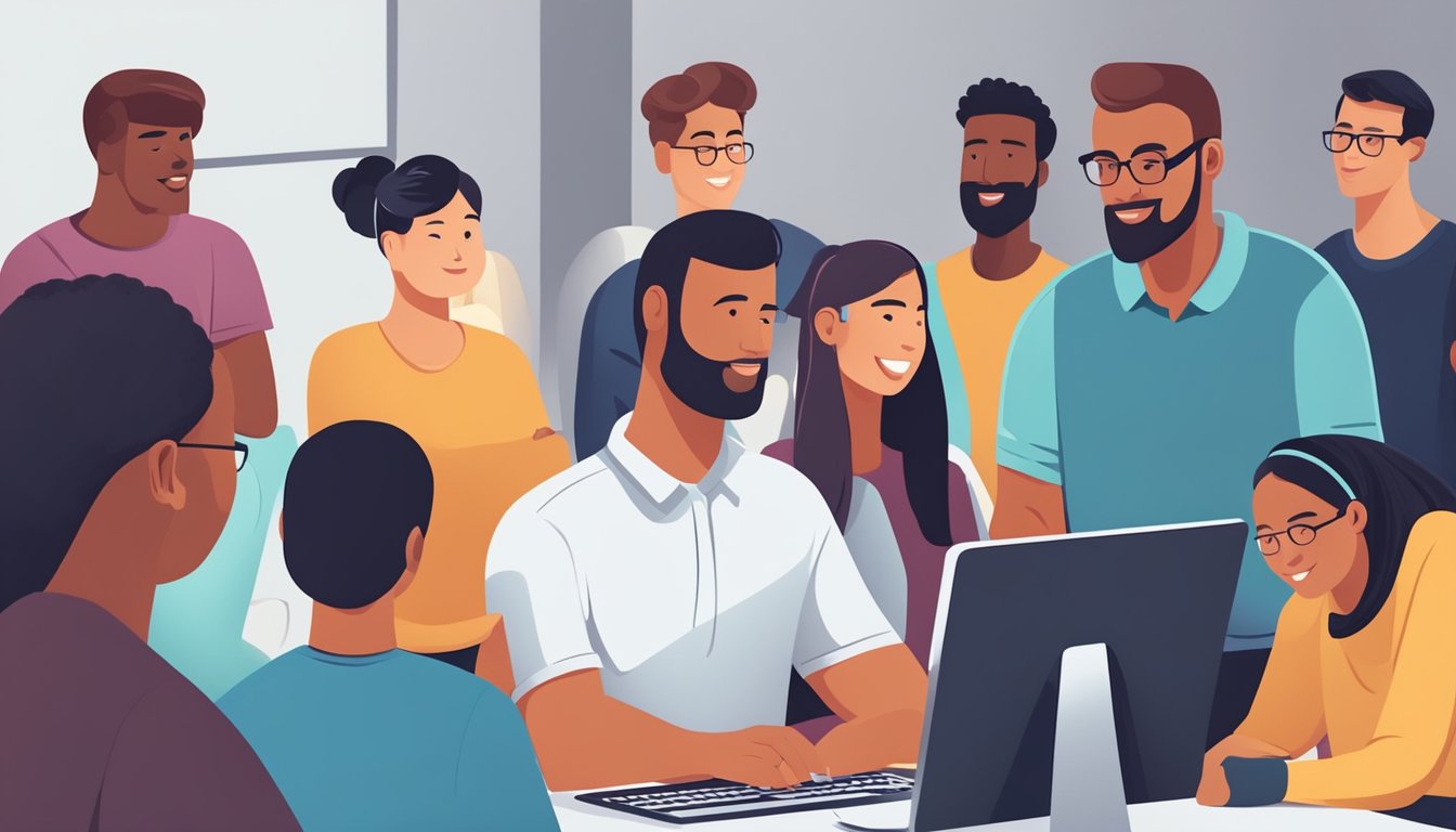 A group of diverse individuals engaging in a respectful online discussion, using polite language and constructive feedback. Emphasize positive interactions and mutual respect