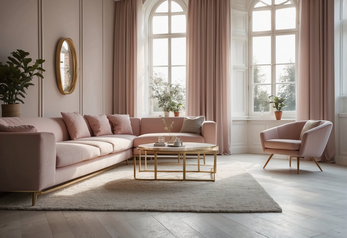 A living room with sleek, angular skirting boards in pastel hues, accented with metallic details and geometric patterns. Light floods in from large windows, illuminating the modern design