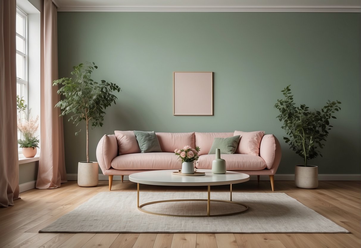 A modern living room with pastel-colored walls and a sleek, white skirting board. Light wood flooring complements the neutral tones, while pops of green and pink accentuate the spring theme