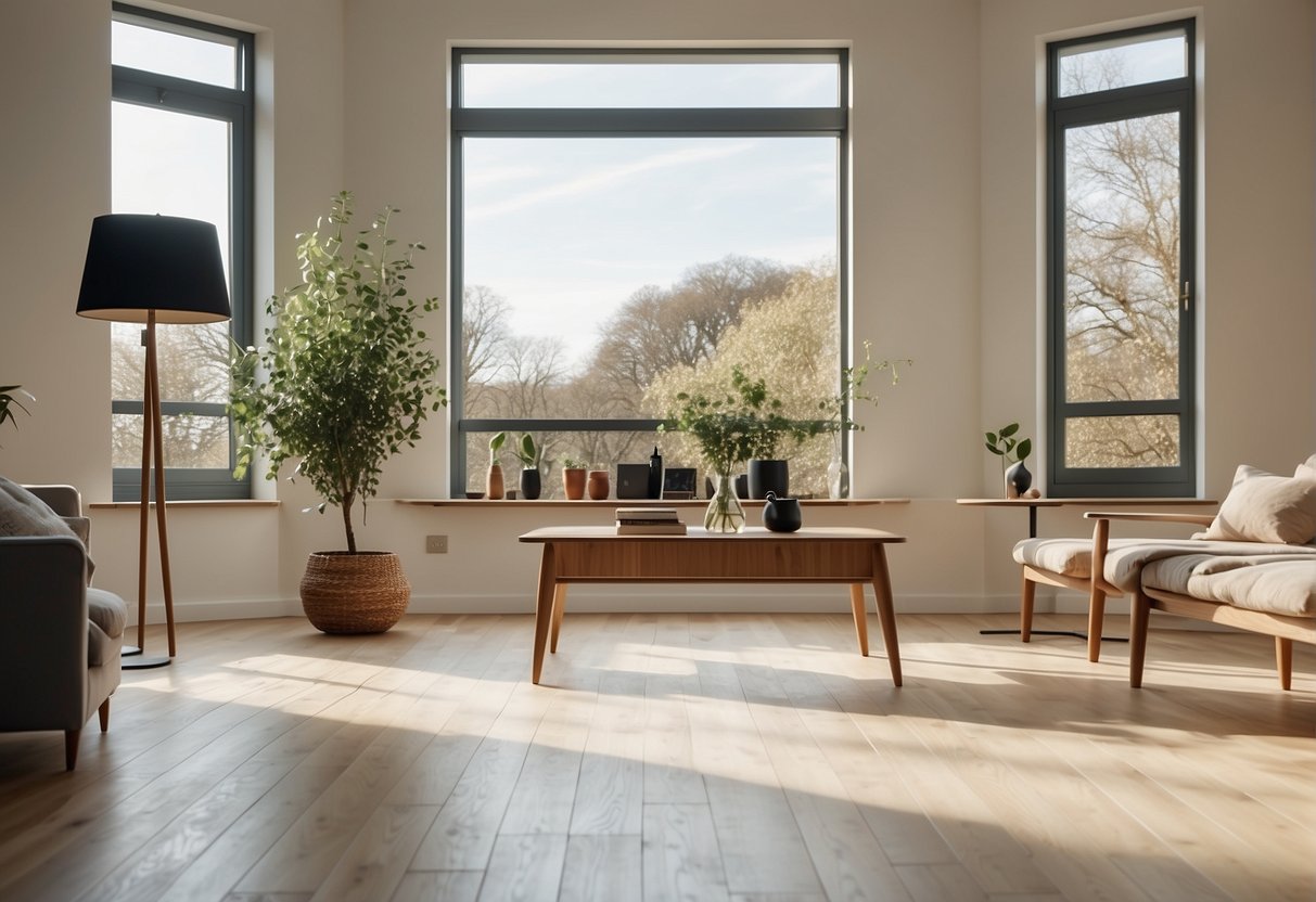 A bright, airy living room with sleek, modern skirting boards in a springtime setting. Light floods in through large windows, casting a warm glow on the clean, minimalist design