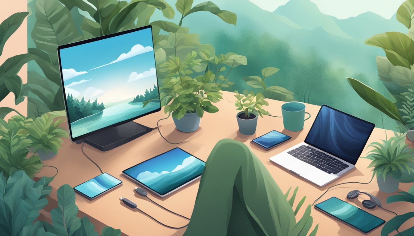 A serene nature scene with a person's electronic devices set aside, surrounded by calming elements like plants and a soothing color palette