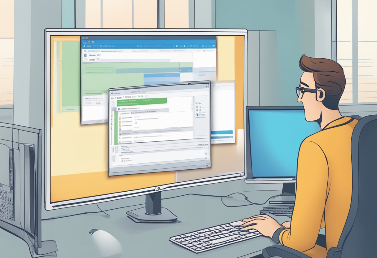 A computer screen displays Outlook with a "disconnected" message. The user is seen troubleshooting the issue with a determined expression