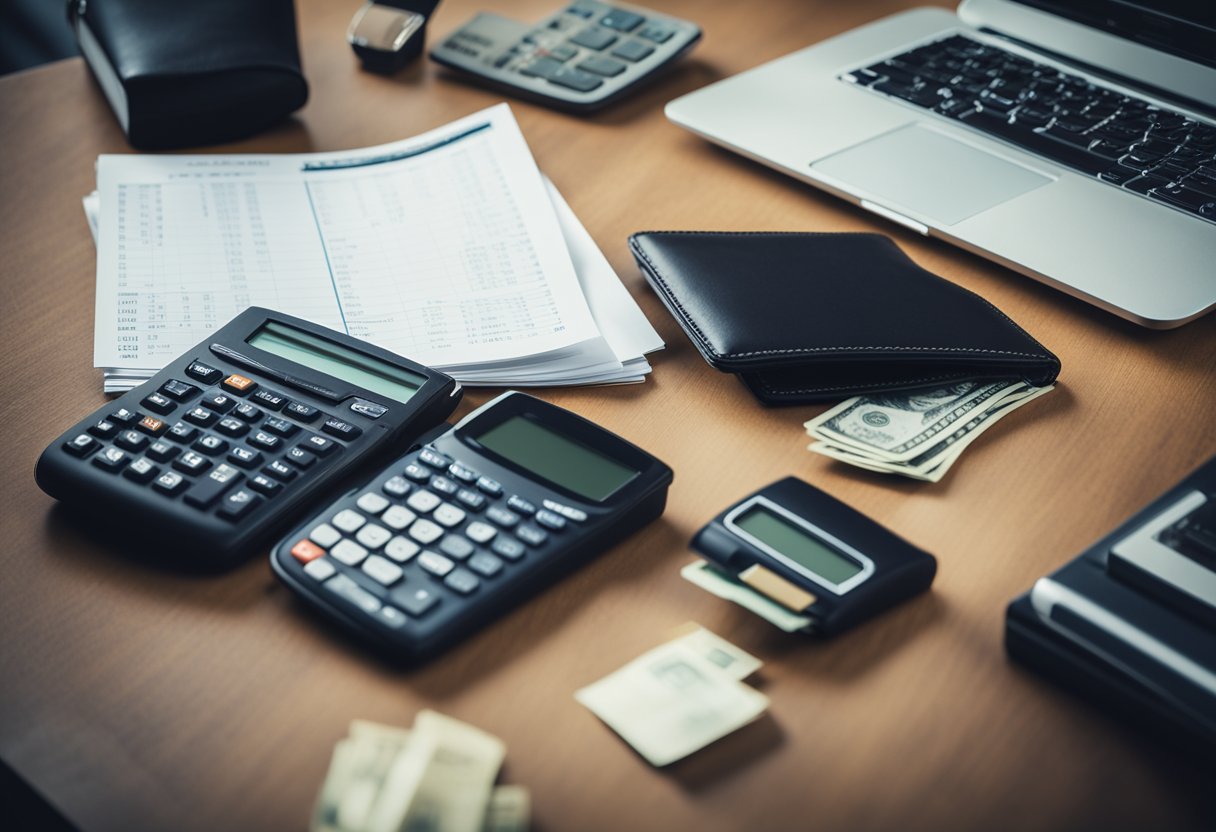 A desk with a laptop, calculator, and notebook. A stack of bills and a wallet with cash. A chart showing income and expenses