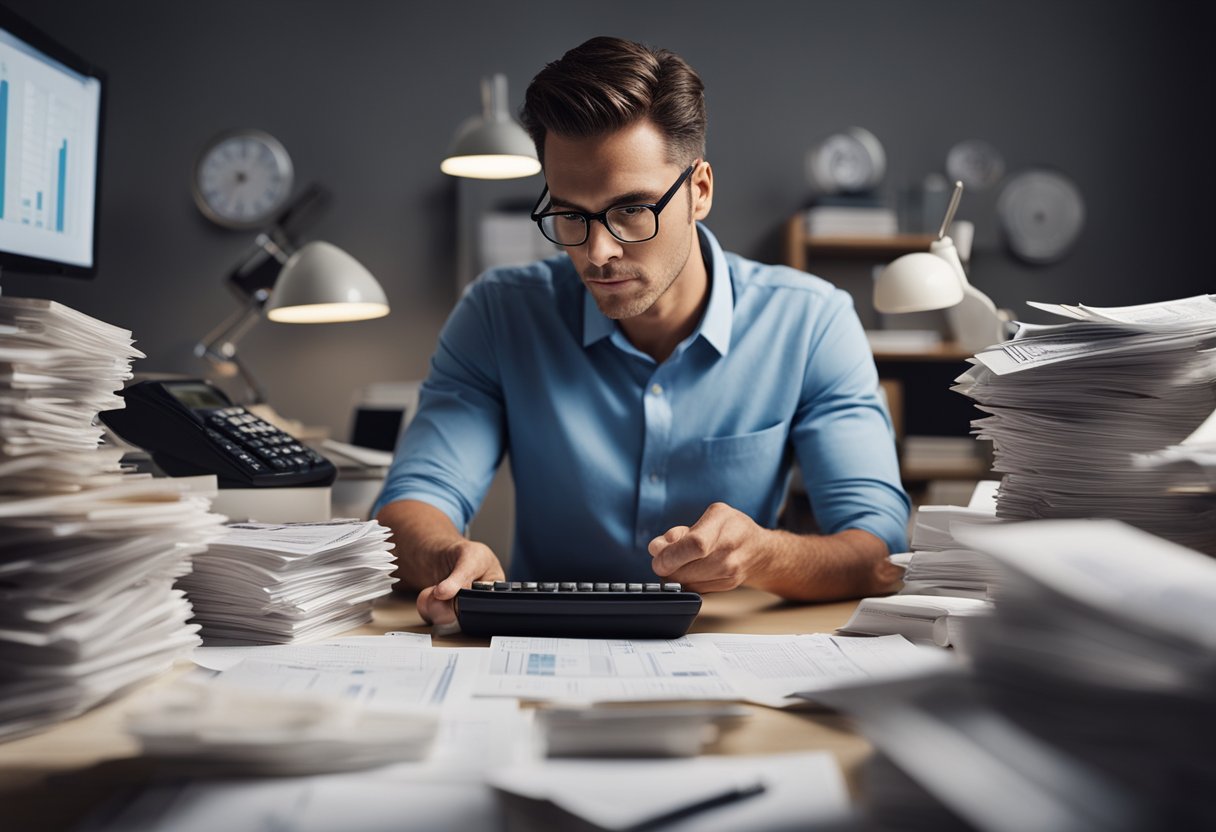 A person sitting at a desk, surrounded by bills, receipts, and a calculator. They are focused on creating a budget, with a determined expression on their face