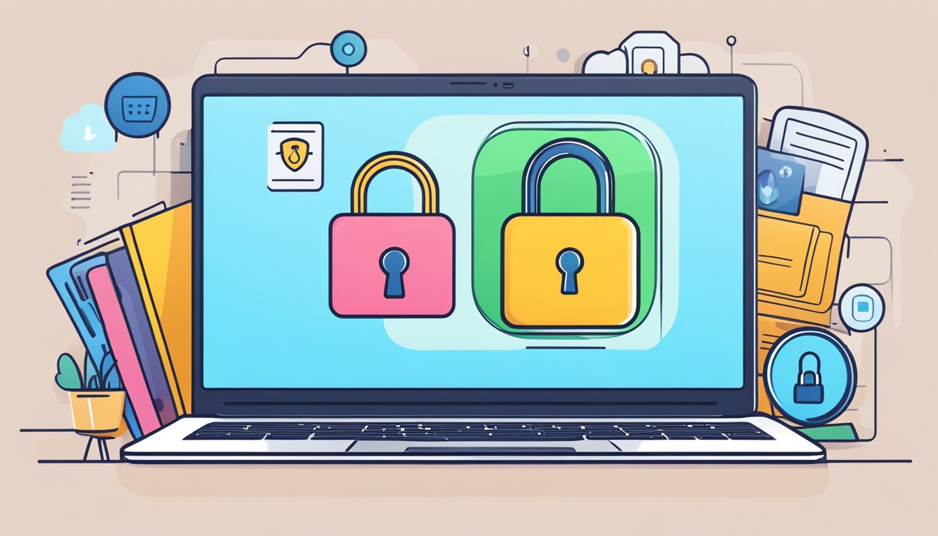 A laptop with a lock icon on the screen, surrounded by privacy tools like VPN, encrypted messaging, and secure password manager