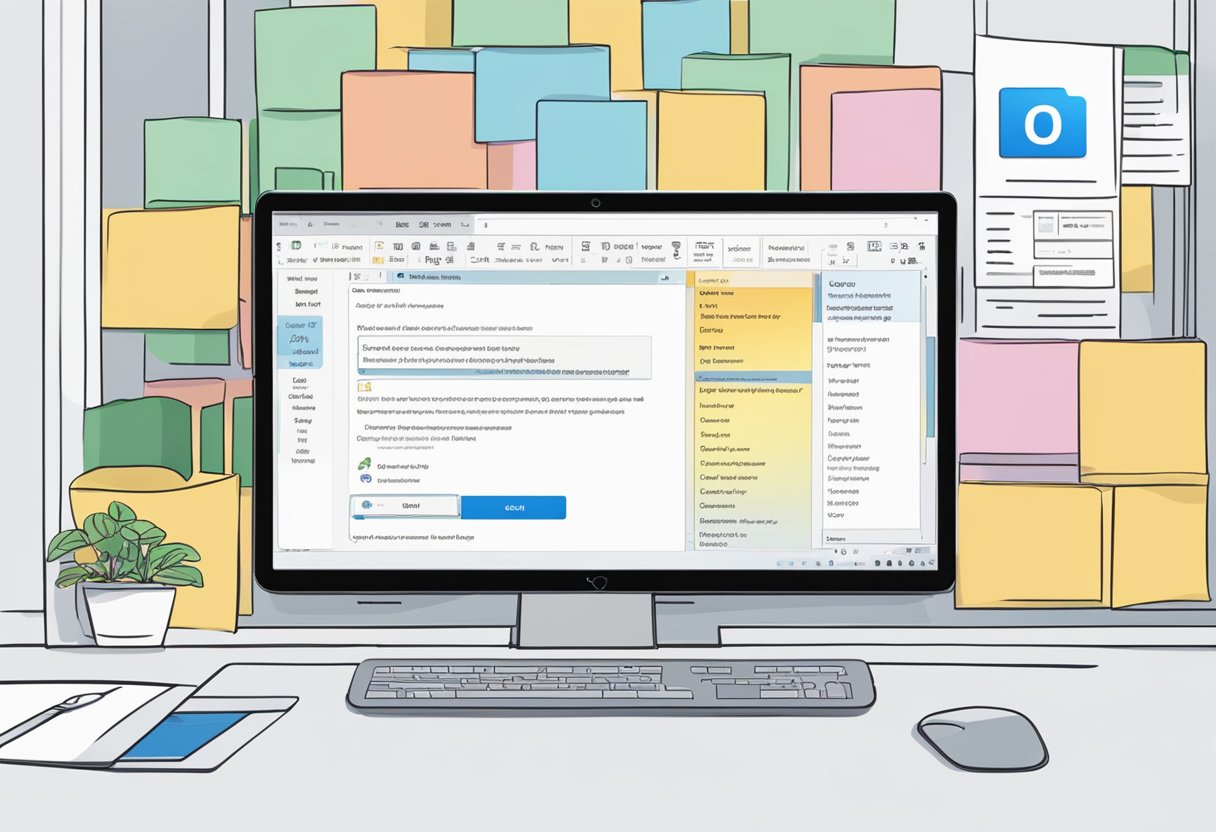 A computer screen with the Outlook email interface open. The user is clicking on the settings menu and selecting the option to set up email forwarding