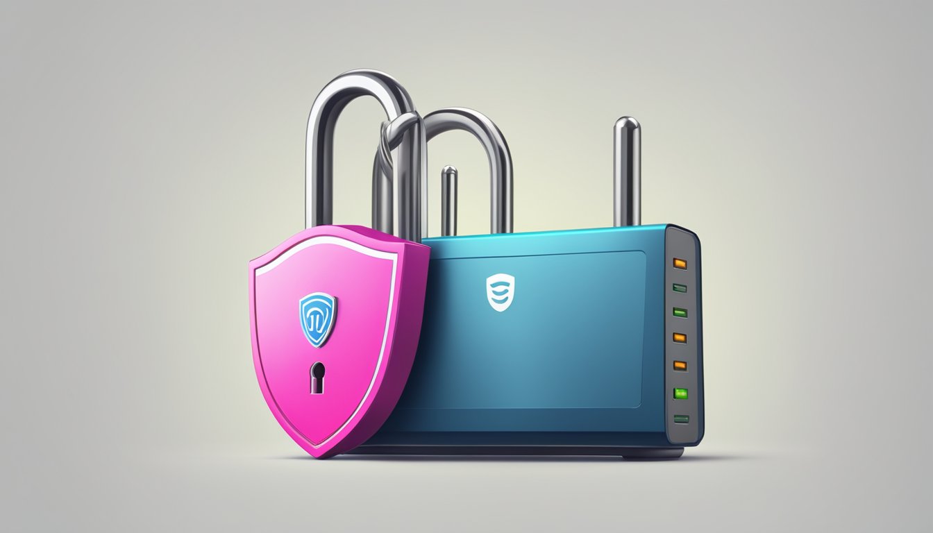 A lock and key securing a WiFi router, with a shield symbolizing protection against unauthorized access
