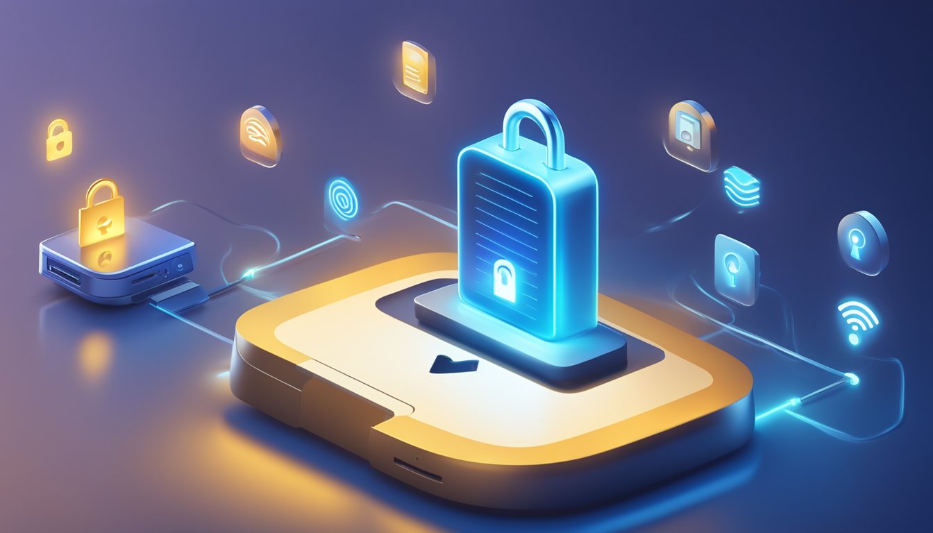 A padlock symbol hovering over a glowing WiFi router, surrounded by a shield and lock icons. Blue waves represent secure signal