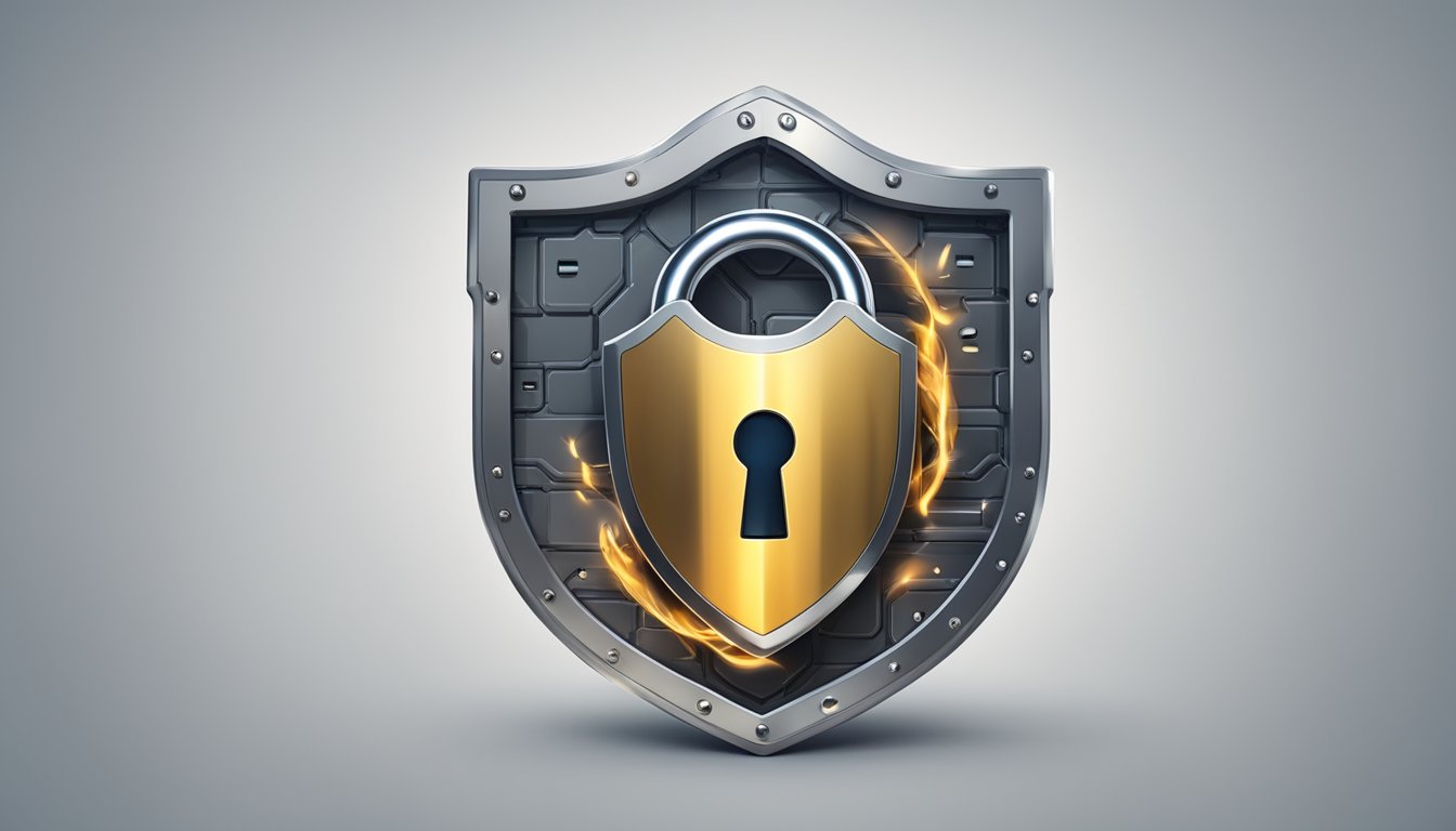 A shield with a lock symbol surrounded by a digital key, padlock, and firewalls, symbolizing digital protection and security in the digital age