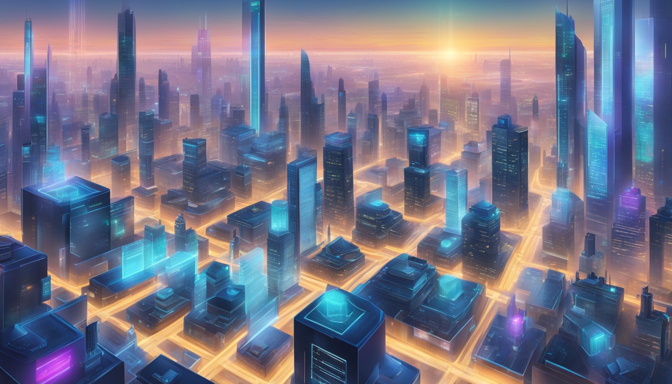 A futuristic cityscape with digital screens displaying various legal regulations and laws, symbolizing the importance of understanding digital rights online