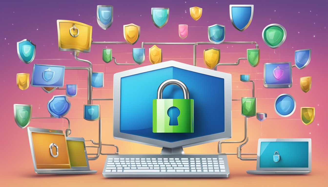 A computer screen with a lock icon, surrounded by shields and padlocks, symbolizing internet privacy protection