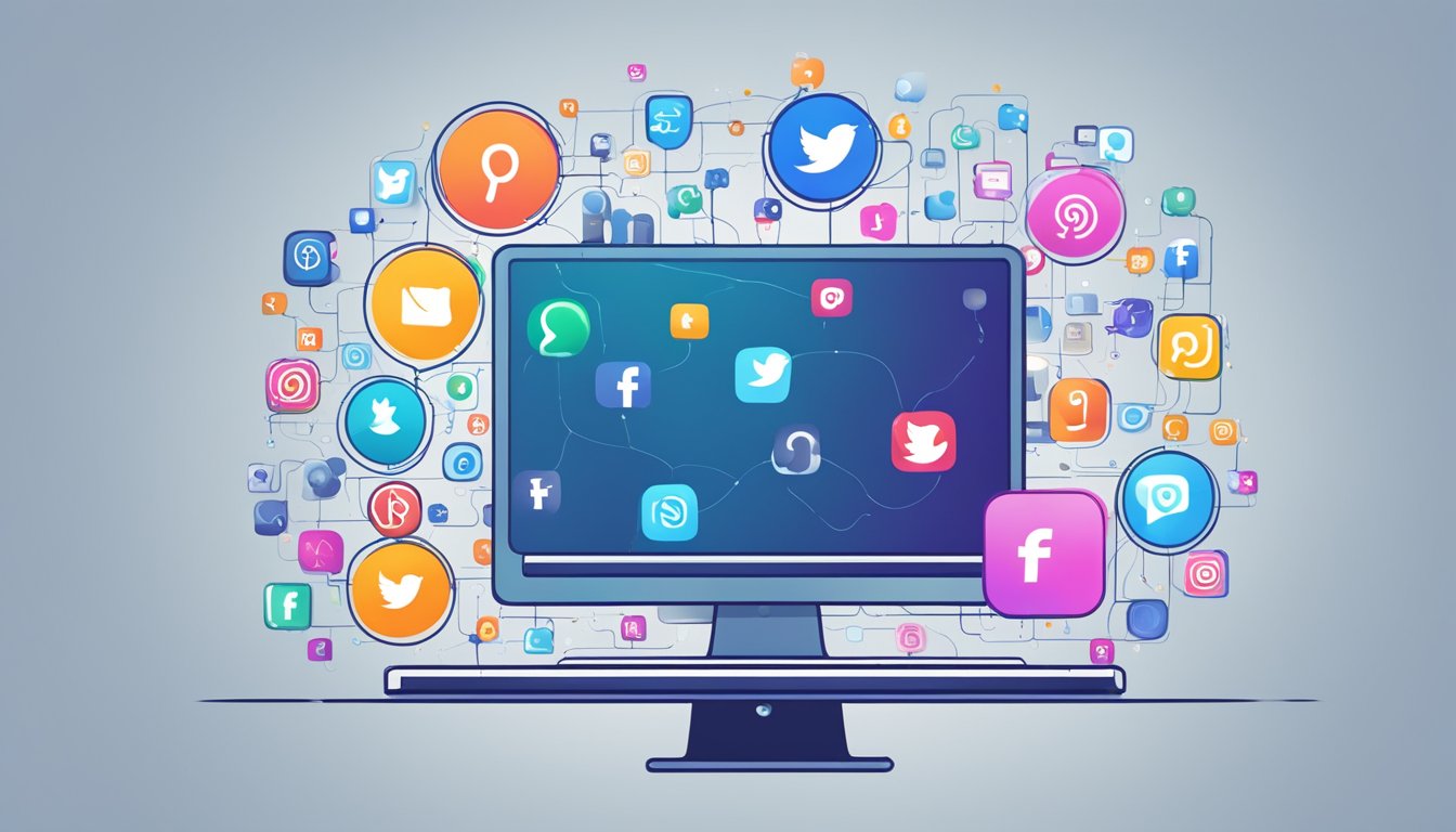 A computer screen with various social media icons and a digital footprint fading into the background, representing the concept of managing one's online presence