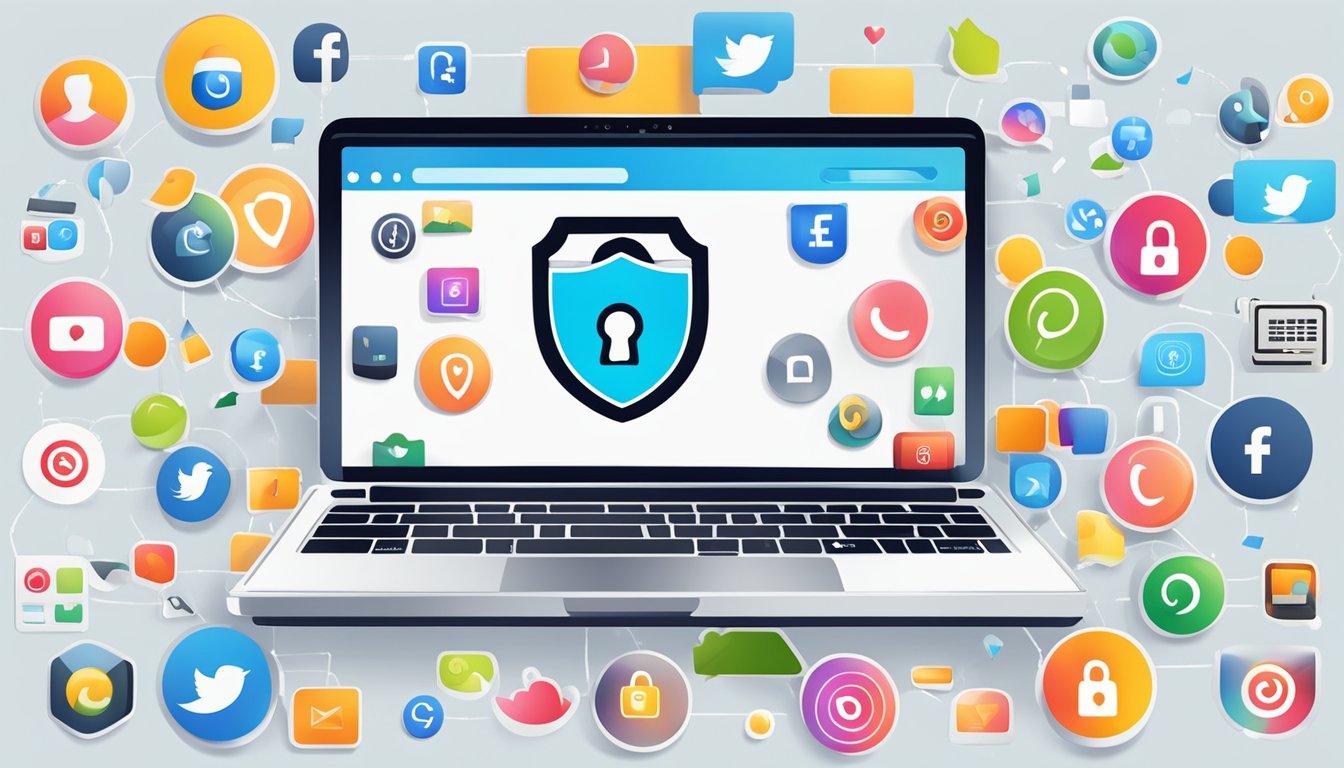 A laptop with a lock symbol on the screen, surrounded by various social media icons. A shield symbolizing privacy protection hovers above the laptop