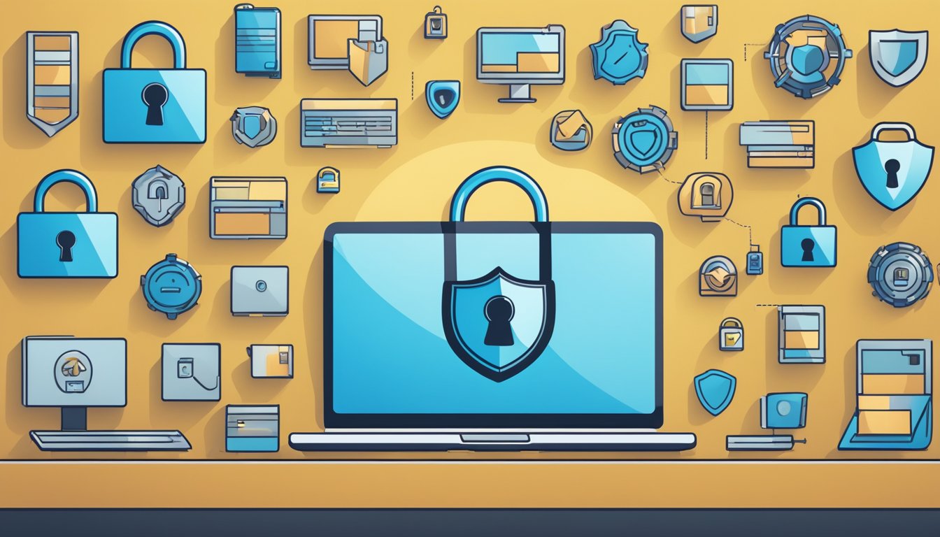 A padlock with a shield symbol on a computer screen, surrounded by a wall of privacy settings icons