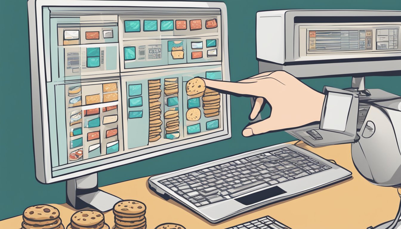 A computer screen with a pop-up window showing various types of cookies and a hand reaching for a control panel to manage them