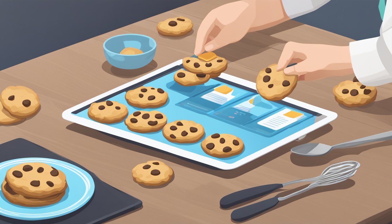 A plate of cookies sits on a table, with one cookie being lifted by a spatula. A digital device displays information about cookies and how to control them