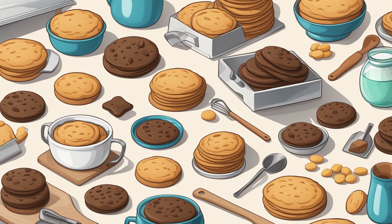 A variety of cookies in different shapes and sizes, with ingredients and tools scattered around a clean and organized kitchen counter