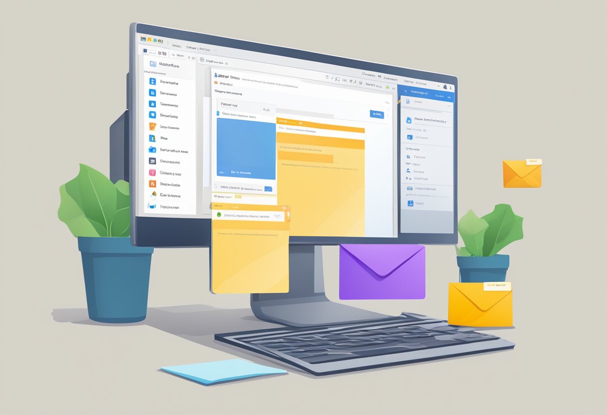A computer screen displaying an Outlook inbox with a highlighted date range. A trash can icon is clicked, and emails from that date are deleted
