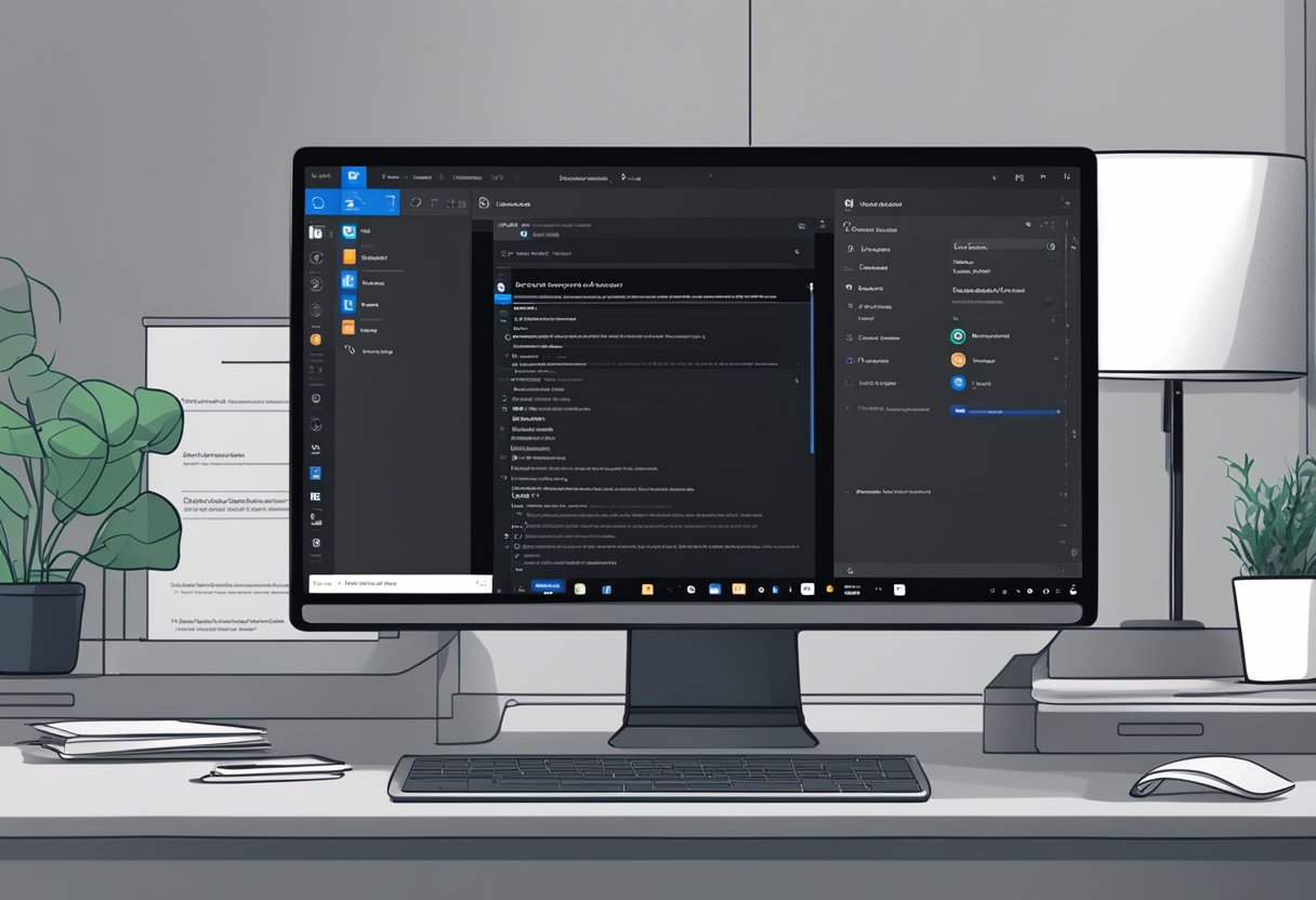 A computer screen displaying Microsoft Outlook with dark mode enabled, showing the steps to set up dark mode in the application