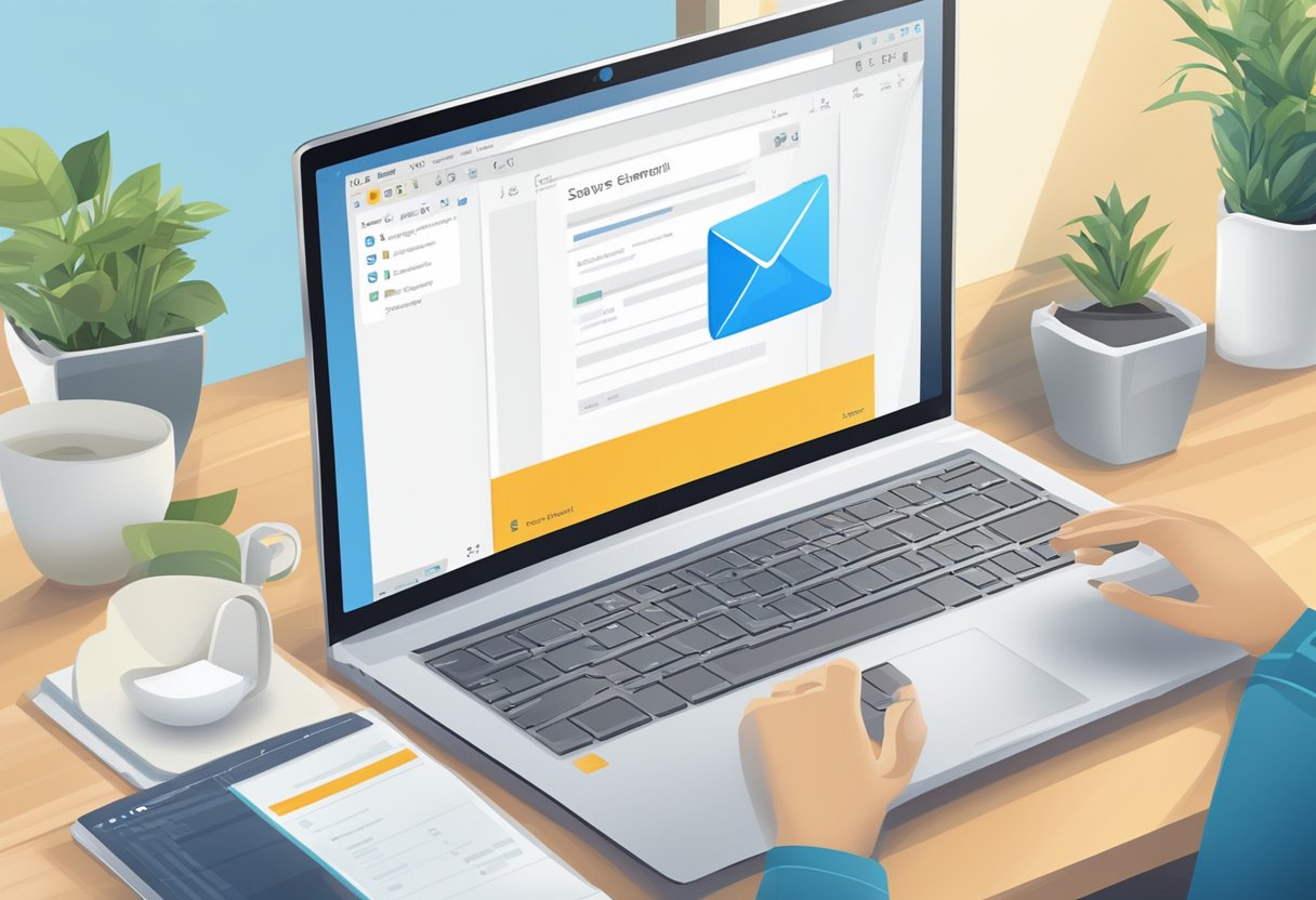 A computer screen displays the Outlook email interface. A cursor hovers over the "Save" button as it sets up a new email account