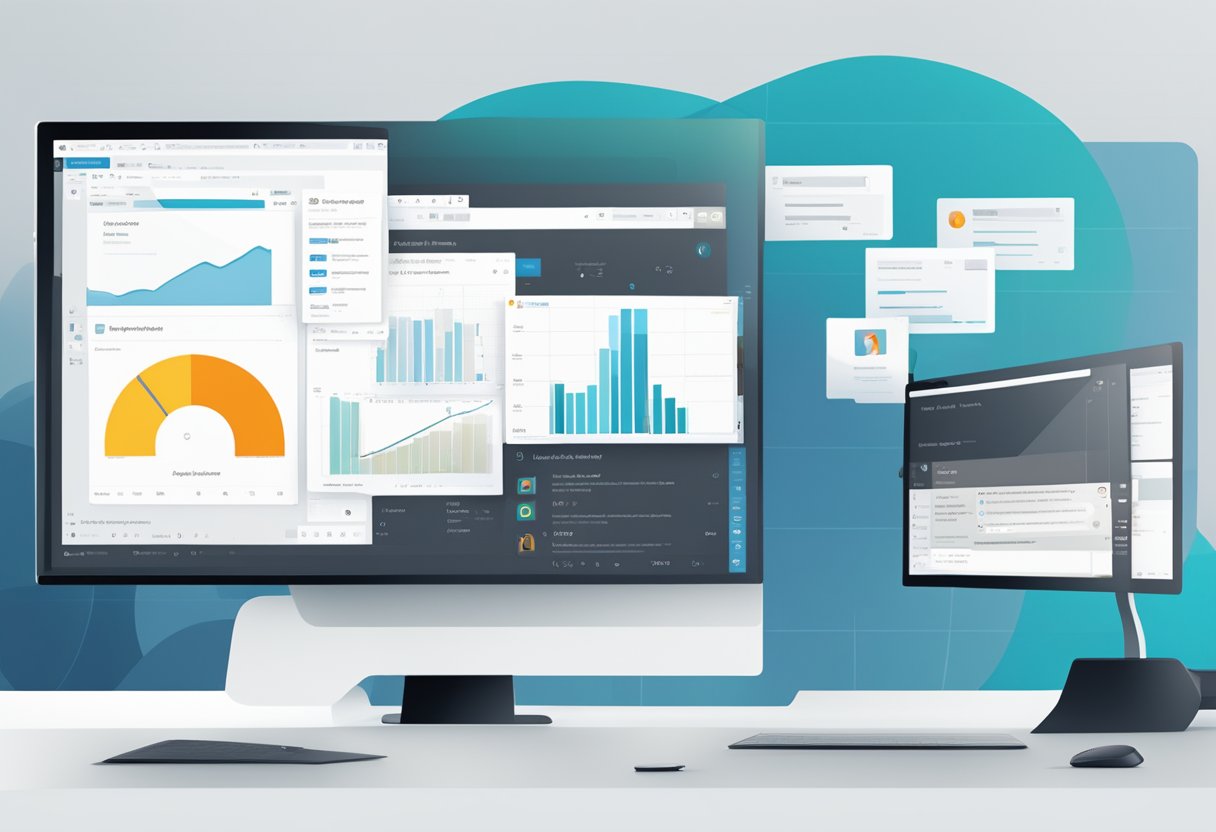 A computer screen displaying the New Outlook interface with a "File" tab highlighted, surrounded by modern and sleek design elements