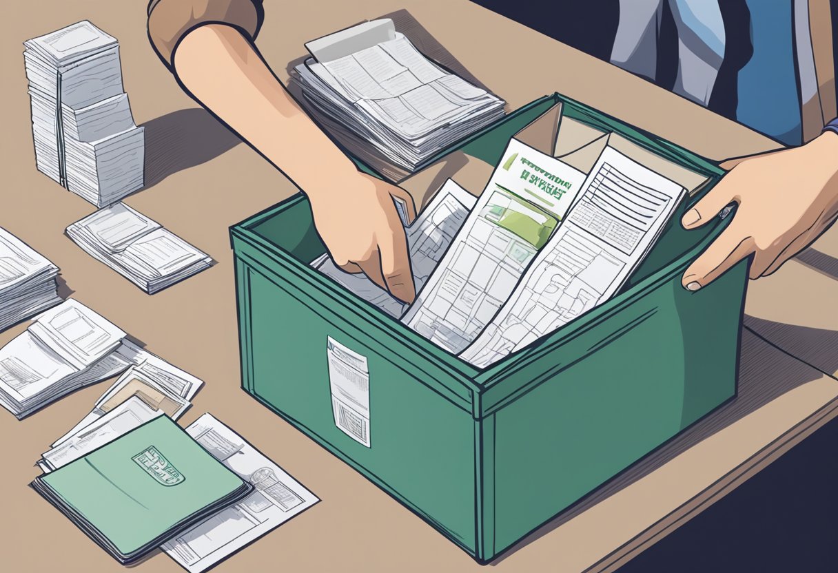 A ballot box sits on a table, surrounded by informational pamphlets and a guidebook. A person's hand reaches for a pamphlet, with a thoughtful expression on their face