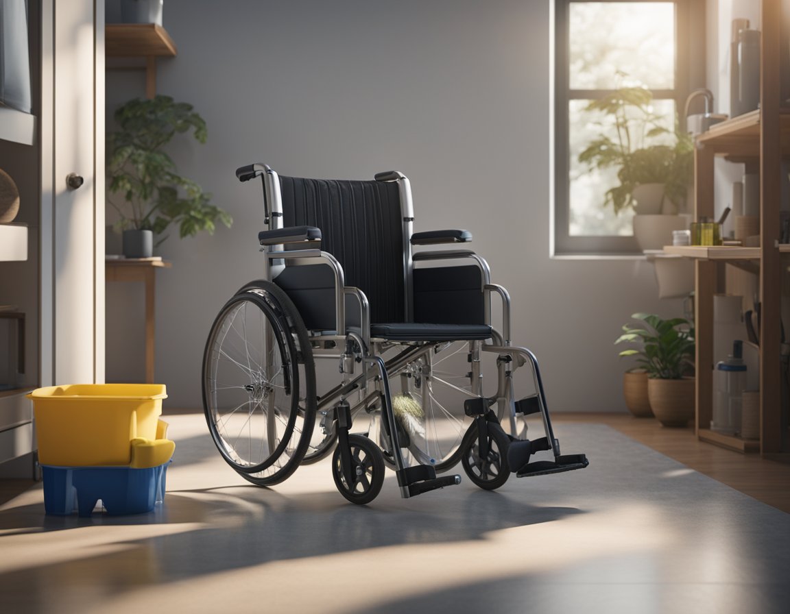 A wheelchair sits in a well-lit room, surrounded by cleaning supplies. A brush, sponge, and disinfectant spray are ready to be used
