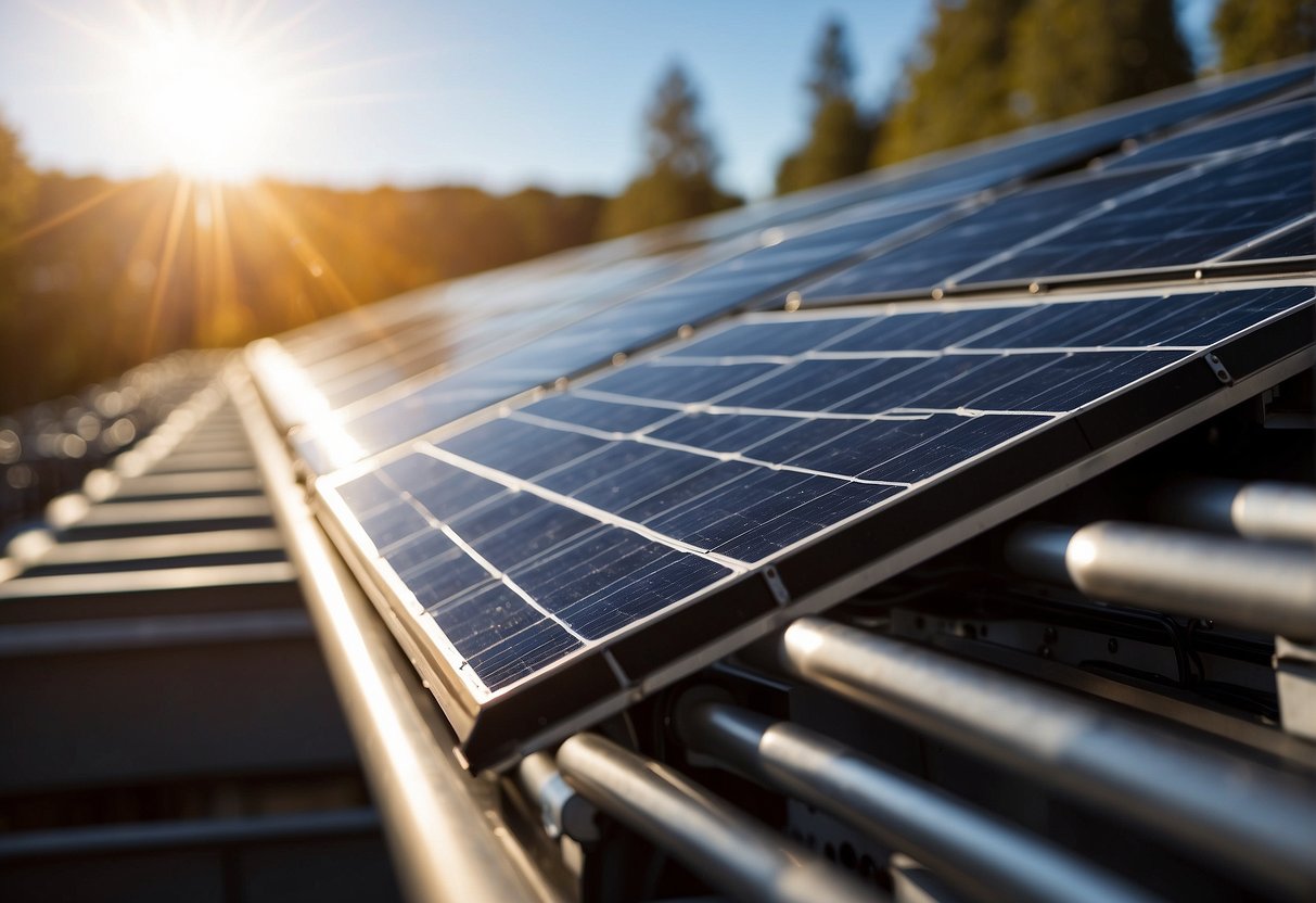 The sun shines on solar panels. The inverter converts DC to AC electricity for use