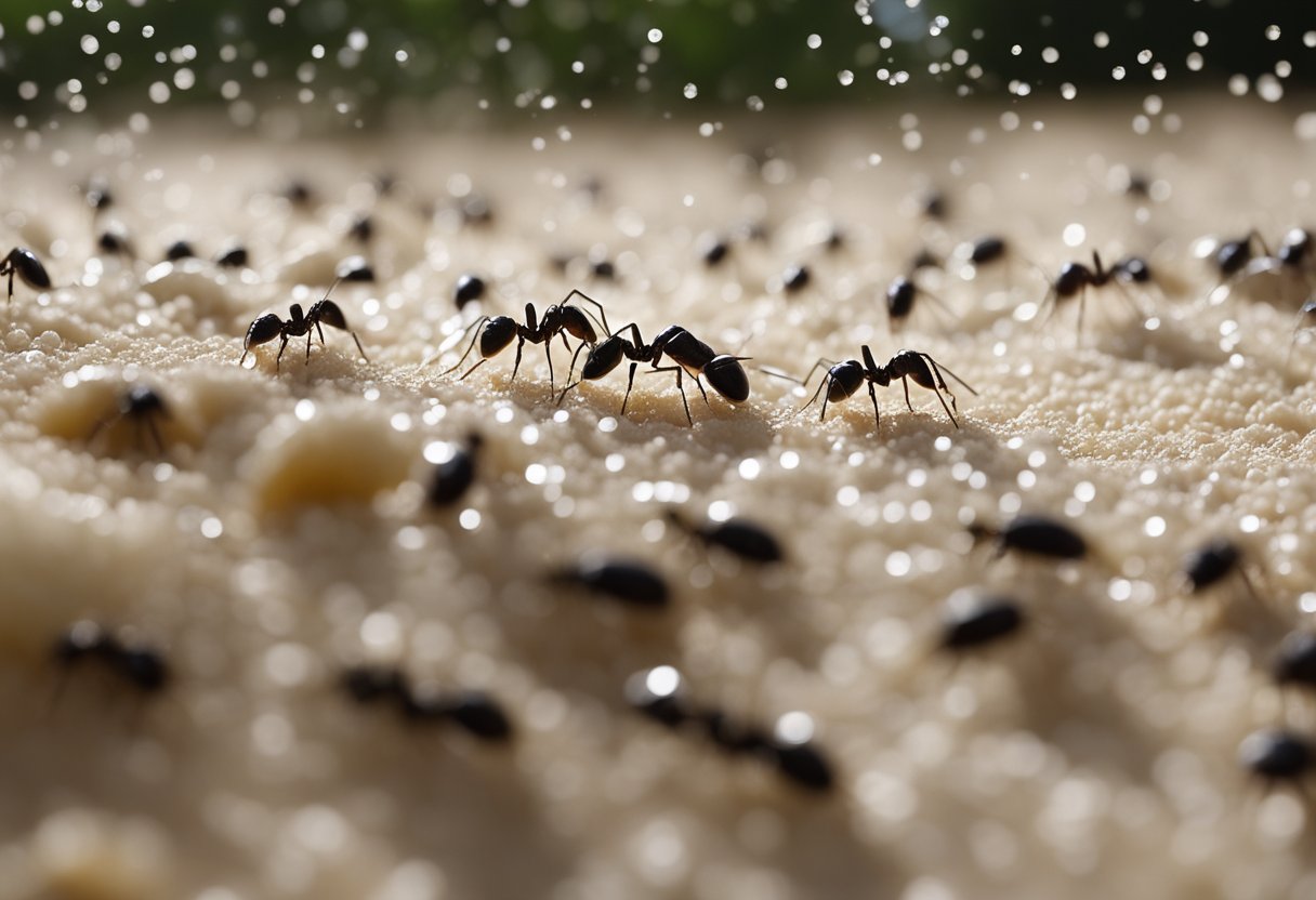 Cornstarch sprinkled on a trail of ants, causing them to become stuck and unable to move, eventually leading to their demise