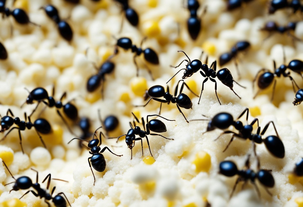 Ants swarm around a pile of cornstarch, consuming it. Some ants become sluggish and eventually die